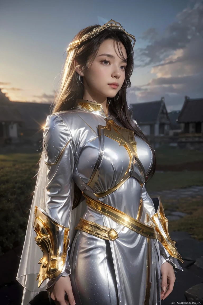 ((masterpiece, best quality, extremely detailed), volumetric lighting, ambient occlusion, colorful, glowing), 1girl, solo, young girl, (dark hair), long hair, halo, aura, sacred, goddess, cleric suit, (silver outfit with gold detailst:1.3), armor, outdoors, sunset, sky, clouds, space, (fantasy theme:1.2),