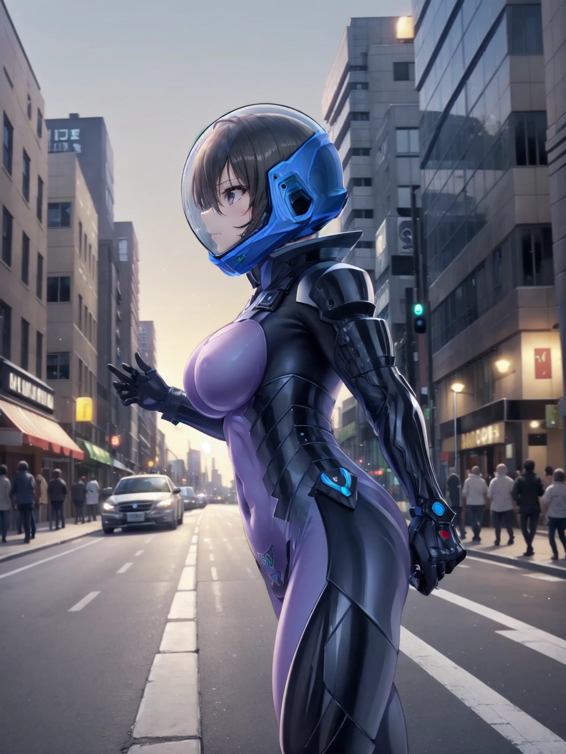 short hair, street, emo, BLACK hair, white eyes, eyeliner, apocalypse, girl, running, (road:1.5), (city:1.6), short hair, outdoors, cinematic light, medium breasts, covered navel, space helmet, muvluv, space helm, plug suit , space helmet, eva helm, space suit, short hair, from side