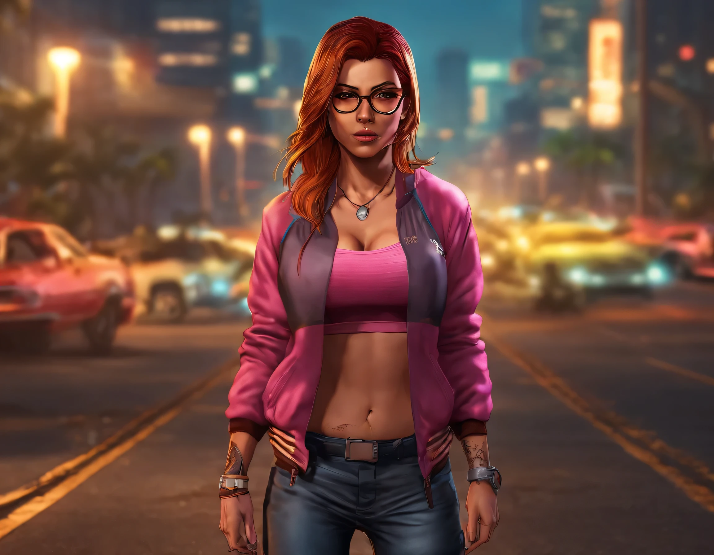 best quality, ​masterpiece, cinematic lighting, complicated, cinematic detailed realisti background, detailed face, Full body, huge breasts, realisti, clear line, , , 1 girl jogging, cityscape, natta, Shirt with tie, Viewers look at, tattoo, Model Bag, open cardigan, yellow eye circles, Street light, lamppost, Yoga-Hose, split hair, Glasses,, ,