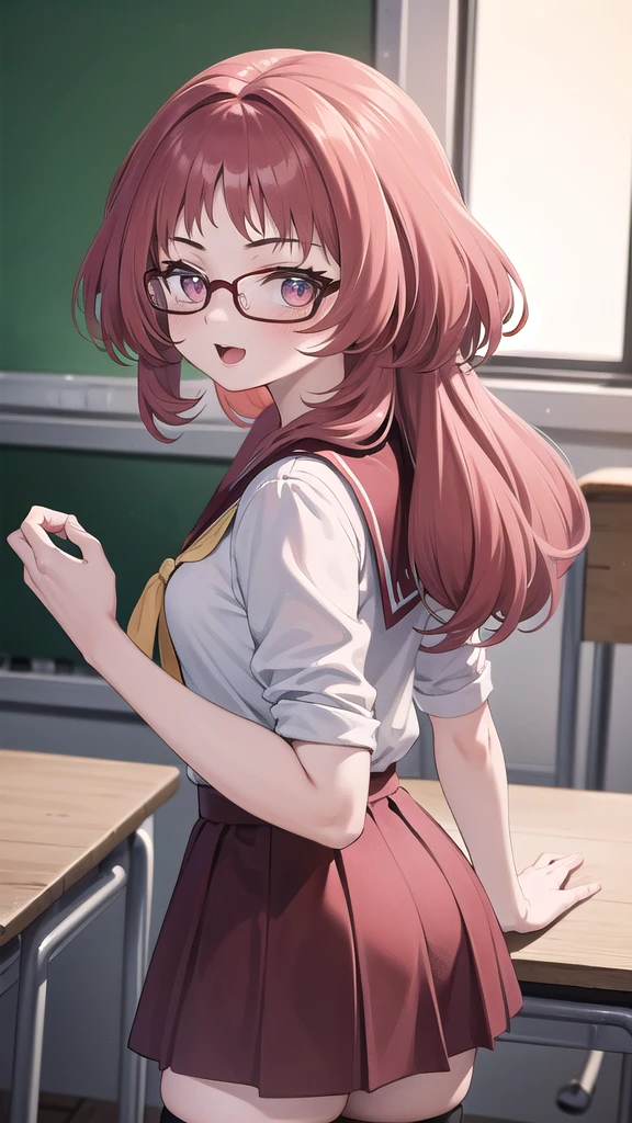 Masterpiece, perfect lighting, (beautiful, Best quality: 1.3), Perfect eyes, absurd, 8k, 1 girl, alone, (absurds), finely detailed, very large, Violet eyes, red hair, red glasses, small breasts, smiling , open mouth, in love, looking at viewer, from behind, glasses, wide, black stockings, Serapuku, sailor collar, yellow scarf, white shirt, red dress, red hair, classroom