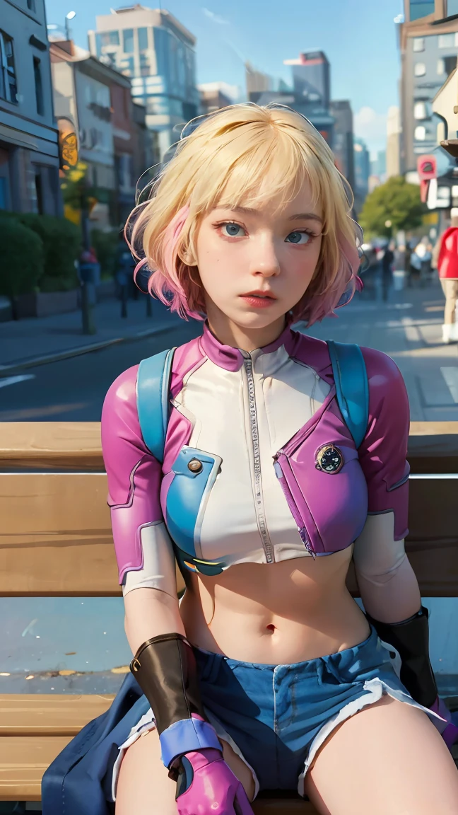 (Highly quality, masterpiece, detailed), city detailed scenario, city detailed background, solo, gwenpool, blonde hair, multi colored hair, 1woman, crop top, two-tone, navel, gloves, sitting on a bench, perfect face, beautiful eyes, look at the viewer, Sexy pose