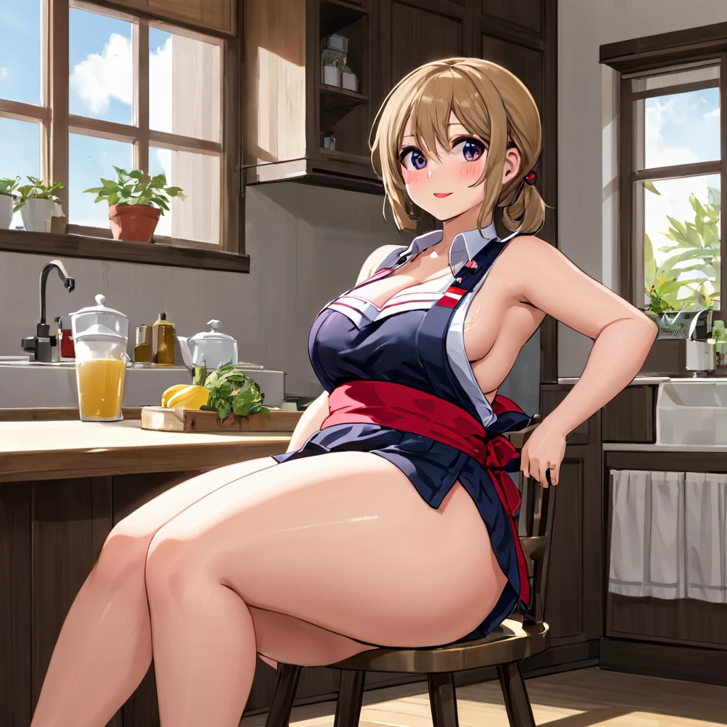 female, apron, voluptuous, sitting down, sideboob, armpit, (no pants), (witheout panties)