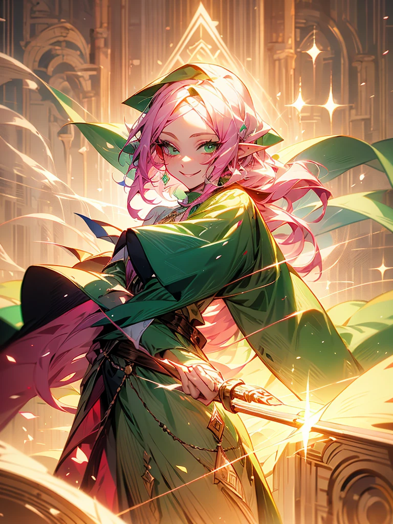 An elf girl with pink hair and green eyes. Her hair is long. There are strands or bangs on her forehead. Holding a large staff, wearing a cloak, smiling gently.
