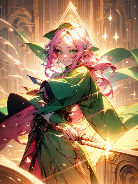 An elf girl with pink hair and green eyes. Her hair is long. There are strands or bangs on her forehead. Holding a large staff, ...