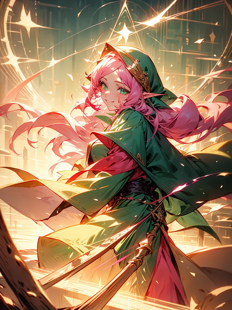 An elf girl with pink hair and green eyes. Her hair is long. There are strands or bangs on her forehead. Holding a large staff, wearing a cloak, smiling gently.
