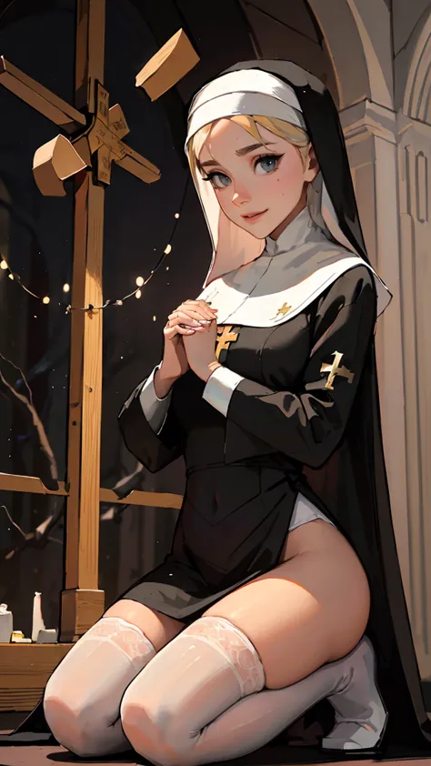 (sanctimonious nun with cross stiched symbols on thigh highs sitting in a prayer, mystical light surrounding her, looking down i...