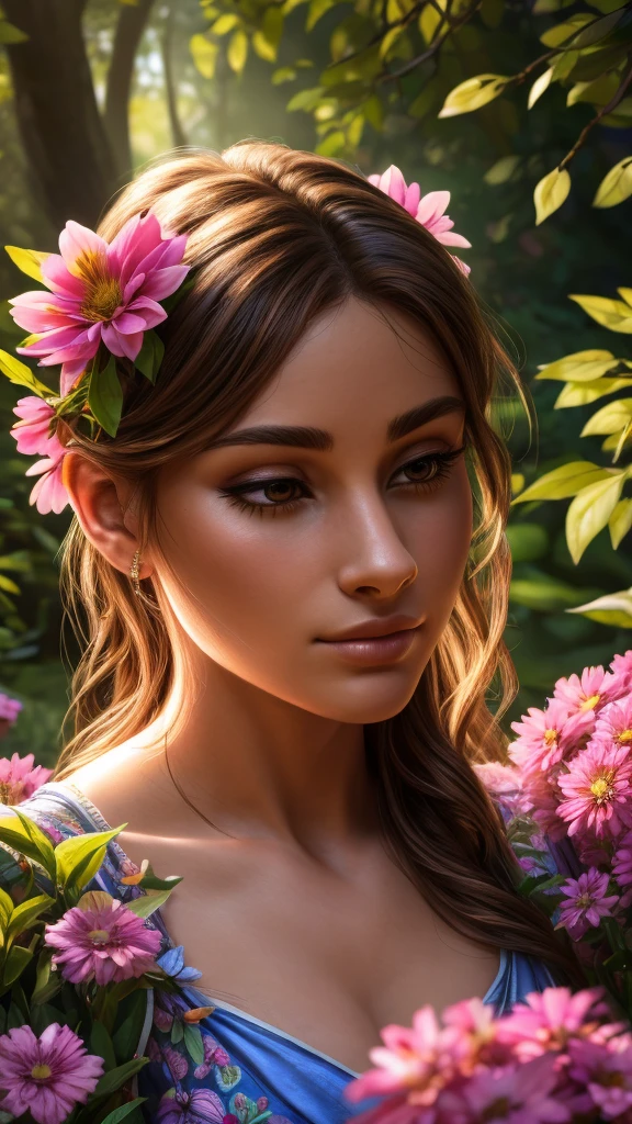 a beautiful girl in a garden, underwear, with flowers in her hair, sunlight filtering through the trees, serene and peaceful atmosphere, (best quality,4k,8k,highres,masterpiece:1.2),ultra-detailed,(realistic,photorealistic,photo-realistic:1.37),detailed eyes,detailed nose,detailed lips,long eyelashes,intricate floral patterns,vibrant colors,dramatic lighting,cinematic composition