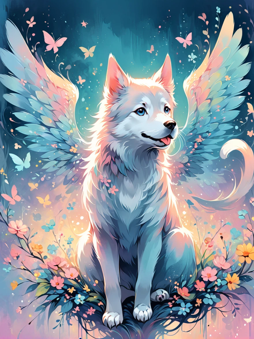 A whimsical digital illustration of a dog with majestic wings, painted in beautiful pastel shades. The cat is captured in mid-flight, lending a sense of movement to the image. The brushstrokes are vibrant yet soft, carefully blended to create a dreamy and fantasy-inspired ambiance.