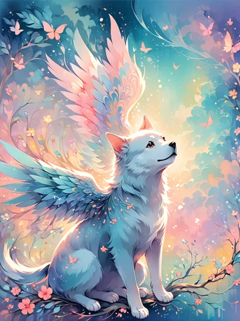 a whimsical digital illustration of a dog with majestic wings, painted in beautiful pastel shades. the cat is captured in mid-fl...