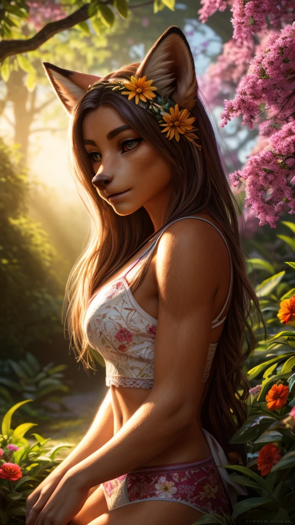 a beautiful fox girl in a garden, underwear, with flowers in her hair, sunlight filtering through the trees, serene and peaceful atmosphere, (best quality,4k,8k,highres,masterpiece:1.2),ultra-detailed,(realistic,photorealistic,photo-realistic:1.37),detailed eyes,detailed nose,detailed lips,long eyelashes,intricate floral patterns,vibrant colors,dramatic lighting,cinematic composition