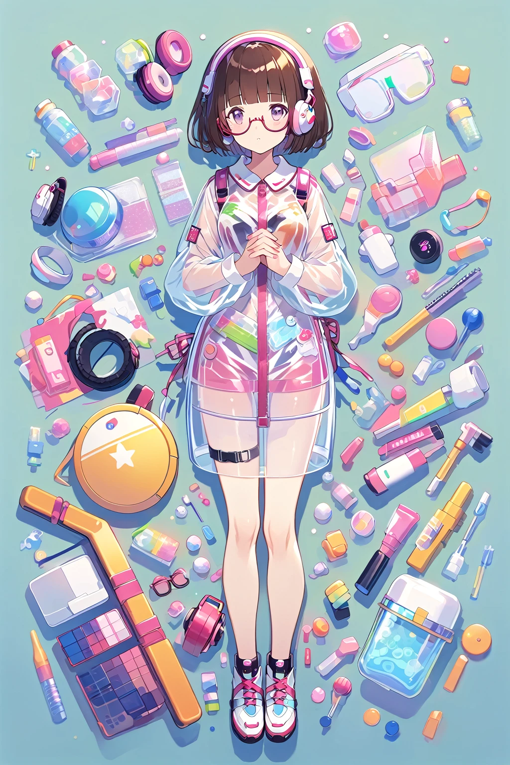 (extremely detailed fine touch:1.3), (((semi-rimless eyewear:1.3))), (headphone:1.2), short hair, blunt bangs, 1 girl, shirt, full body, own hands together, plastic, Transparent clothes,