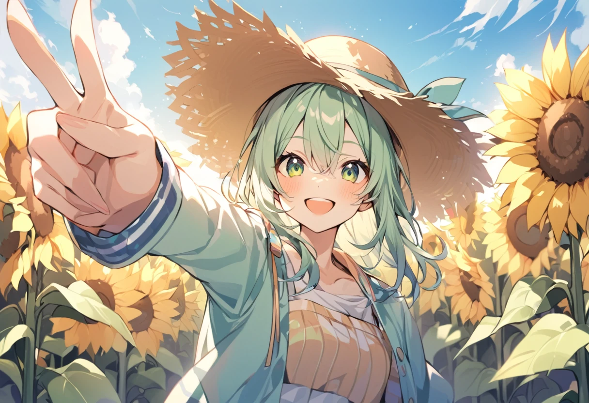 high resolution、Selfie style、peacea_sign、Extend your left hand towards the viewer、Right hand peace sign、Sunflower field、One girl,Upper Body,smile,I&#39;m laughing so hard my eyes are closing,A big smile,Black Hair,long,Shiny Hair