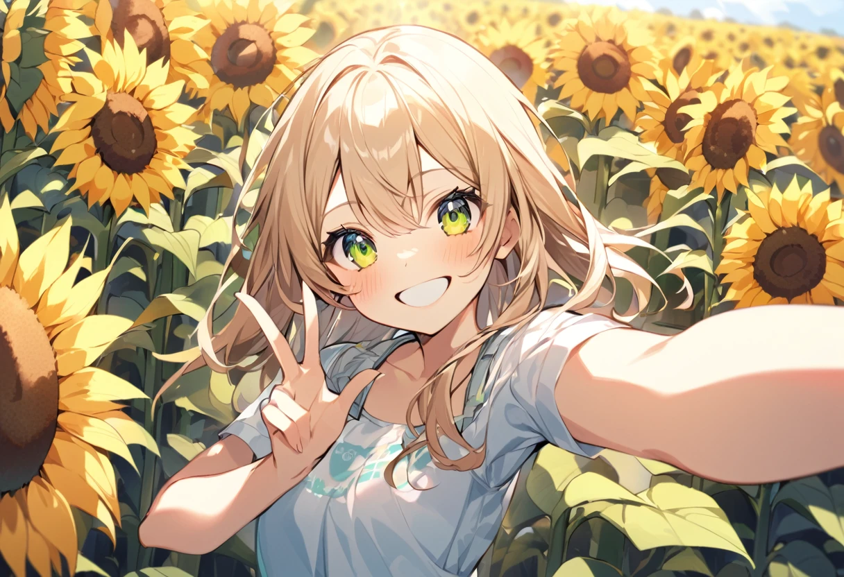 high resolution、Selfie style、peacea_sign、Extend your left hand towards the viewer、Right hand peace sign、Sunflower field、One girl,Upper Body,smile,I&#39;m laughing so hard my eyes are closing,A big smile,Black Hair,long,Shiny Hair