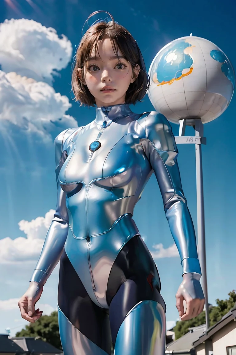 (((blue sky with cloud in background))), Ultraman、realistic、realistic、cinematic lighting, Girl in a shiny red and silver suit、18 years old、professional photo, Japanese model, Japanese cgi、Ultraman Suit、tight and thin cyber suit, Whole body rubbery delicate body, big breasts、small ass、thin thighs、thin arms、thin waist、、Both sides of the cyber suit stick to the skin、Big eyes、facing the front、facing the front、A glowing sphere is embedded in the chest.