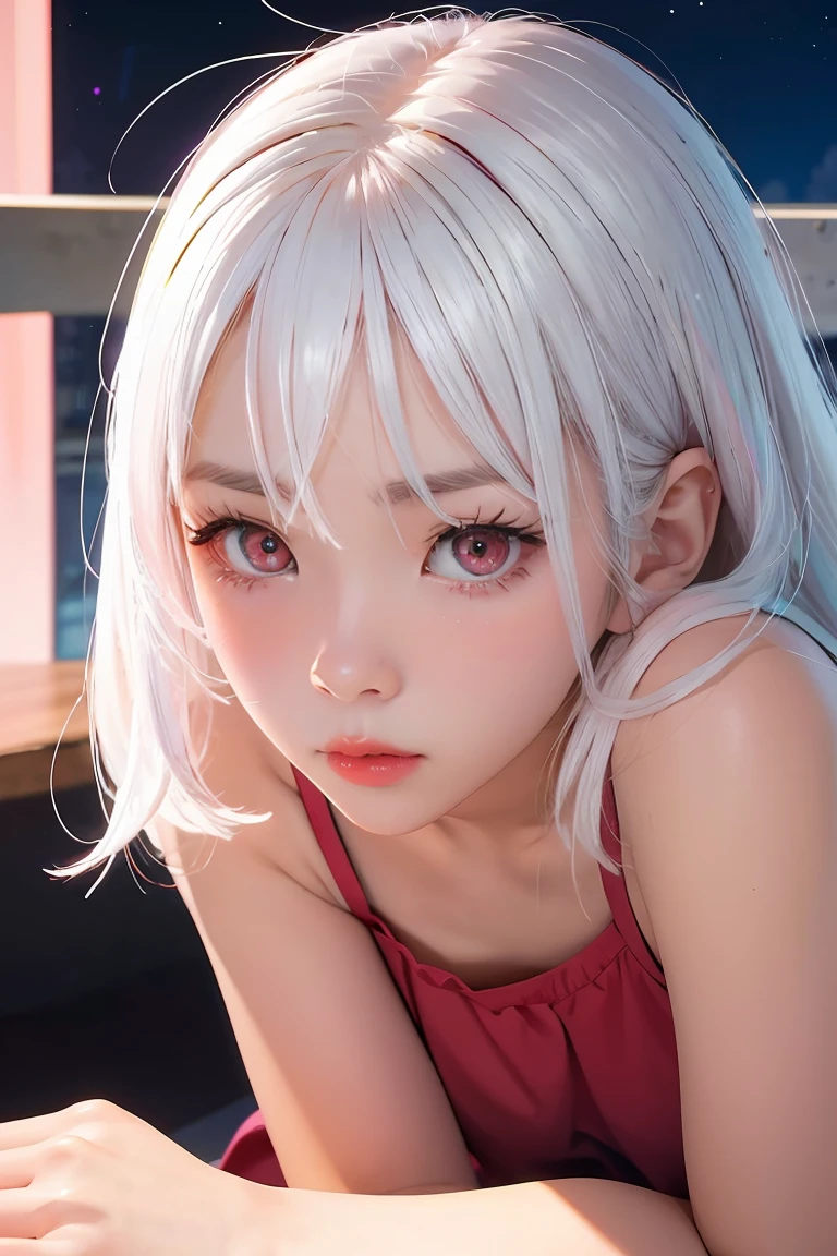 Be a girl with a pink complexion, beautiful eyes (red eyes) and deep as the night sky, half sad face lying on the table, white hair, looking at you, with an anime/semi-realistic style of art  