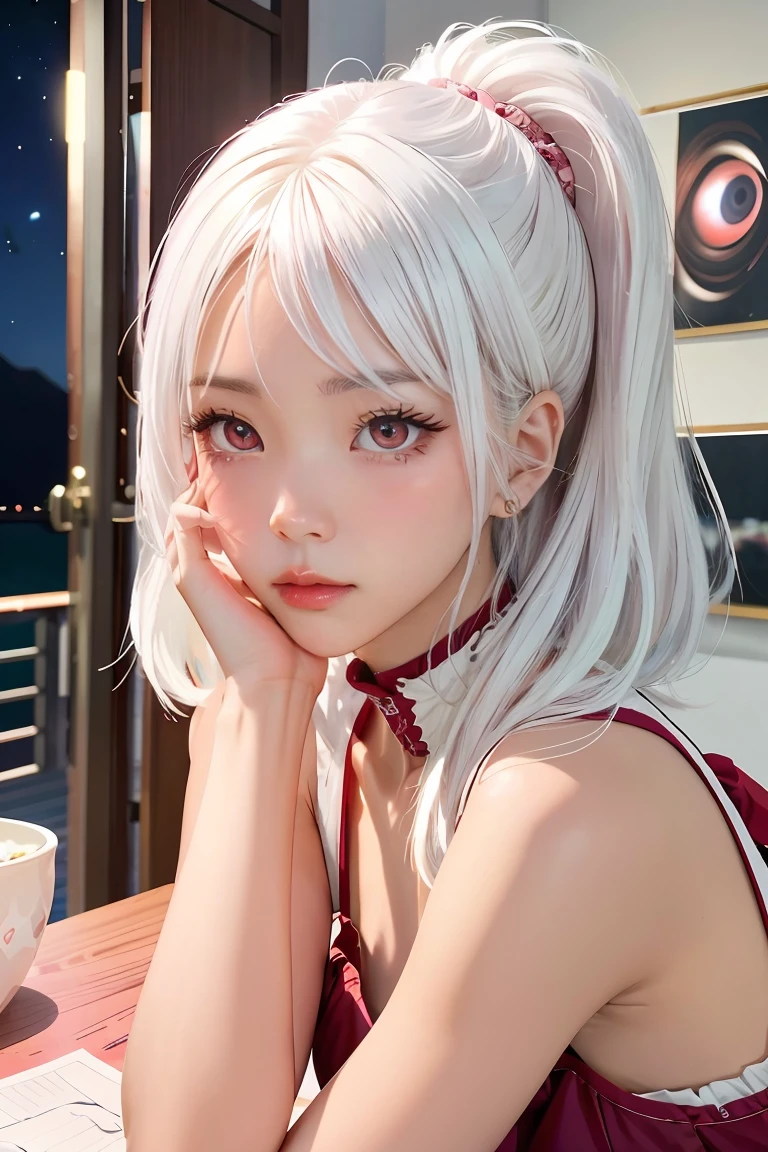 Be a girl with a pink complexion, beautiful eyes (red eyes) and deep as the night sky, half sad face lying on the table, white hair, looking at you, with an anime/semi-realistic style of art  