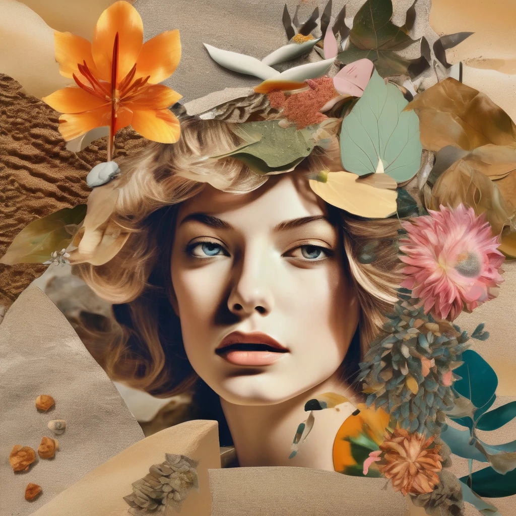 A surreal and chaotic collage of a girl illustration and motifs of petals, leaves and sand in natural materials in color, masterpieces ,16k