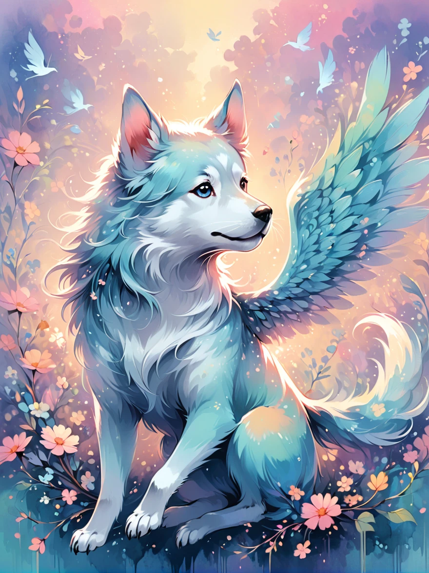 A whimsical digital illustration of a dog with majestic wings, painted in beautiful pastel shades. The dog is captured in mid-flight, lending a sense of movement to the image. The brushstrokes are vibrant yet soft, carefully blended to create a dreamy and fantasy-inspired ambiance.