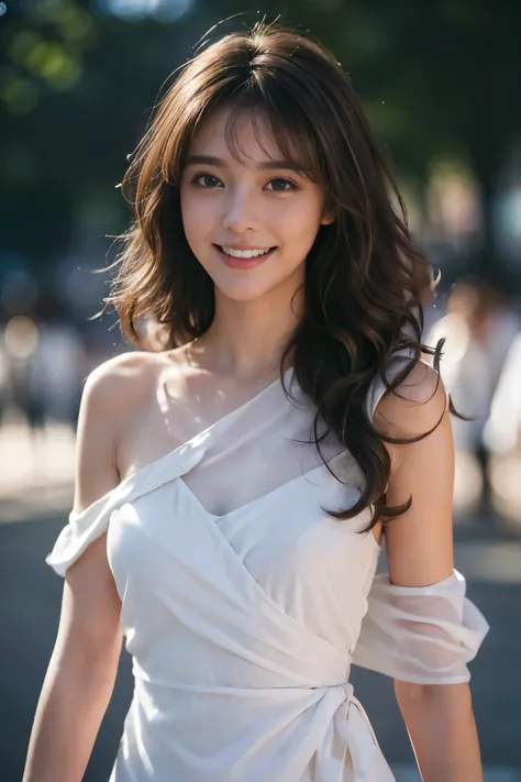 ((beautiful girl:1.3))((White wrap dress:1.4))((on the street_In the crowd:1.2)),((Thin_Fabric:1.4))((Standing there doing nothing:1.3))((Blushing face:1.4))((Medium sized breasts,:1.2))((close up:1.2)) best quality,On the table,Ultra-high resolution,(Reality:1.4),RAW photos,(Real skin texture:1.3),(Film Grain:1.3),panoramic,a character portrait,Very wide-angle lens,Willow Waist,Cowboy shooting,(in the darkness, Deep Shadow, Low profile, Cold Light,) night,(()),Tears streaming down my face,,dust,Tyndall Effect,(Express),1 Girl,Beautiful and detailed eyes and face,White Jabot,Brown eyes,((Brown long hair:1.2)),((Loose curly hair:1.2)) ((whole body:1.3)) ((A bright smile:1.3))