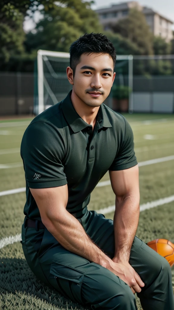 Masterpiece, best quality, high resolution, realistic, handsome, Take beautiful photos, A photo of a 35-year-old Gym Association member sitting on the floor. (The man has a thin mustache.) ,Full body, Portrait, standing on the football field, make military media, weight, Amazing , Buzzcut short hair,stubble head , (Hyper Muscle),looking at the audience, Flirt with the camera, charming, (Tight dark green polo shirt Cargo pants ),(GS-Male:1), 8k,Bokeh,Portrait,look at the viewer, smile 