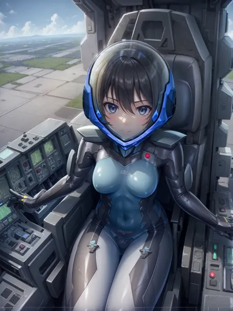 ((female pilot in the cockpit of a reconnaissance plane), (airplane cockpit), (in flight), (10000 feet altitude)、(sky view):1.7)...