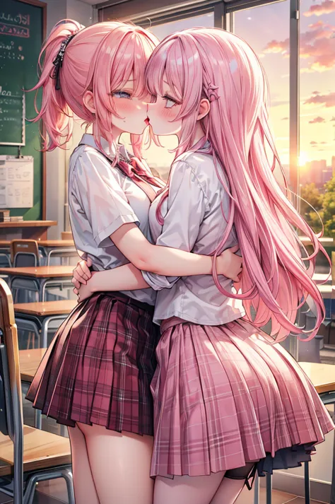 masterpiece, best quality, nsfw,
 2girl, kiss, 
 summer , plaid skirt, pink hair, ponytail, embarrassed face, 
 classroom, sunse...