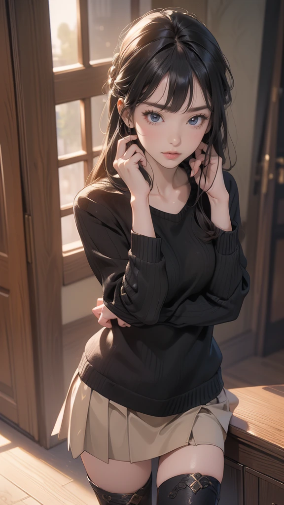 (Random pose),(Random Hairstyle),(Highest image quality,(8K),Ultra-realistic,best quality, high quality, HD, high quality texture,High Detail,Exquisite and detailed,fine,Extremely detailed CG,Detailed texture,Realistic reproduction of the face,masterpiece,Presence),sweater,Tight mini skirt,stocking,Engineer Boots