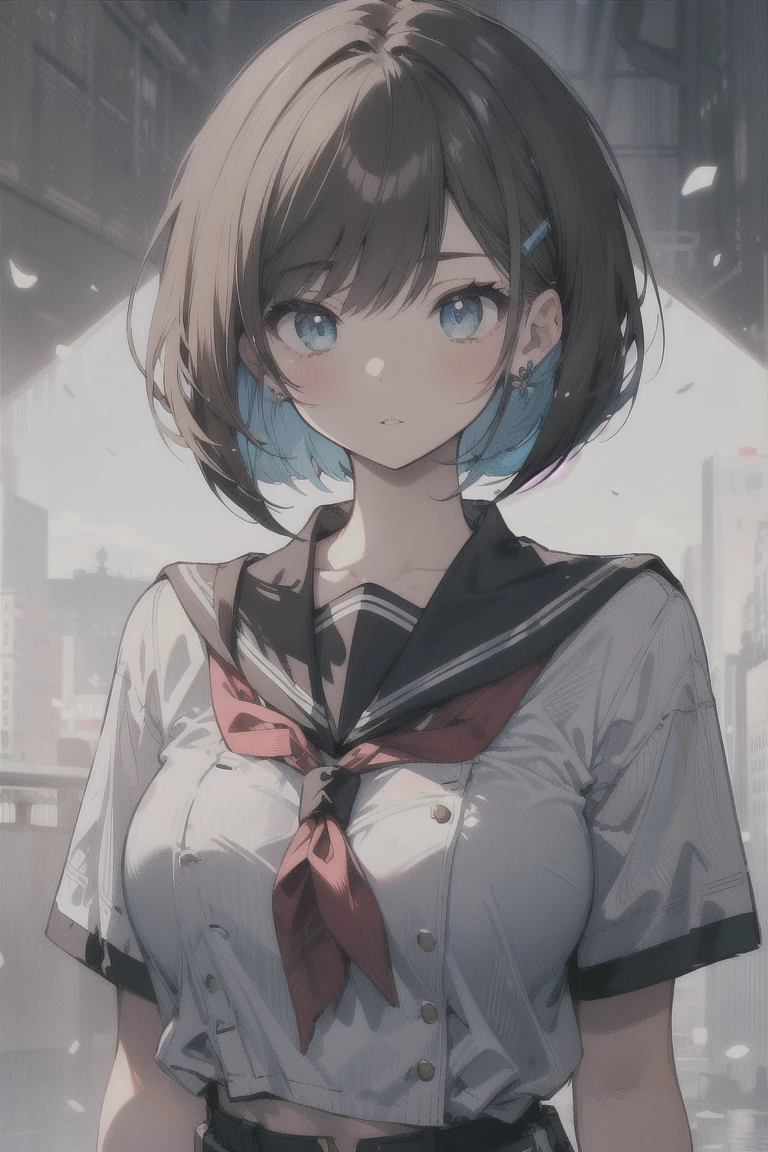 (best quality), (Super detailed), (Best Illustration), (masterpiece), score_9, score_8_up, score_7_up, (4k), (1woman), (white serafuku), (large breasts), {brown hair, (sideburns), (bob cut:1.3), curly hair, hairs between eyes, colored inner hair}, blue eyes, parted lips, expressionless, blush, earring,