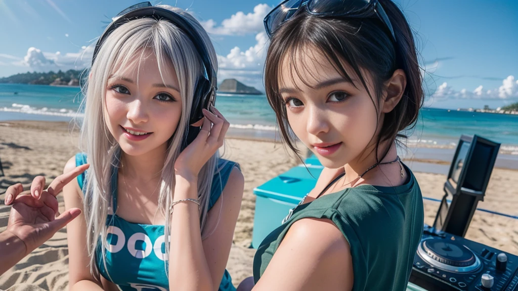 (ultra - detailed, 16K resolution, Cinema lenses, rendering by octane), (high resolution:1.18), intricate detail, (masterpiece:1.1), (highest quality:1.1), (1girl, portrait, white hair, blue eyes, short hair, detailed eyes),Wearing silver DJ headphones, sequined T-shirt, (in the beach:1.5), (Iconic hip-hop pop costumes:1.3), Smile while DJing on stage, DJ studio next to the beach, ((A stylish DJ stage on a hill overlooking the beach)), full body shot, Photorealistic photography by Sunshine, (cute round face:1.3), perfect fingers, five fingers, beautiful hands, perfect hands. master peace, cute smile, Fixhand.