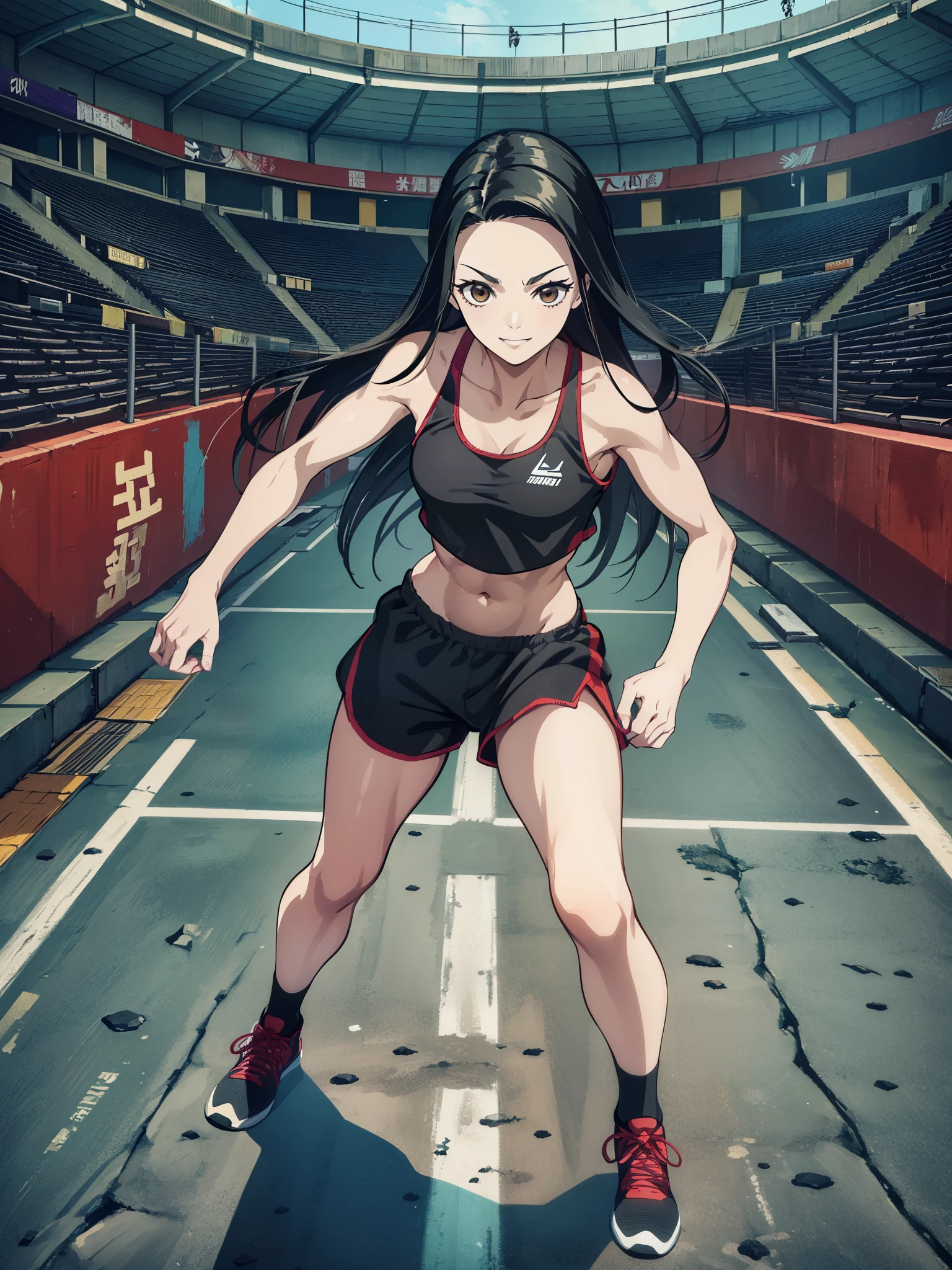 (masterpiece, best quality:1.2), kimetsu no yaiba style, kiyomi, (1girl, solo), (full body, fighting pose, person focus:1.1), (black long hair, straight hair), brown eyes, (evil smile, looking at viewer:1.2), (black sports bra, black crop top), (bare abdomen, navel), black sports shorts, sports shoes, (depth of field, (athletics stadium, chain-link fence))