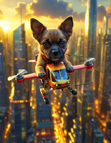 imagine a dog with an angry and mischievous expression. this canine is at the helm of a futuristic, non-violent, brightly colore...