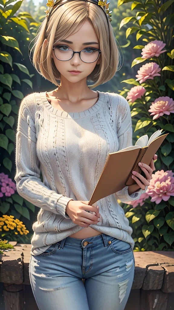 18 year old beautiful girl, masterpiece, best quality, 8K animation, detailed fingers, precise fingers, not unnatural hands, illustration, 1 girl, solo, blonde bob cut, gold crown, reading glasses, flower hair ornament, sagging eyes, white jeans, gray jumper, YUI