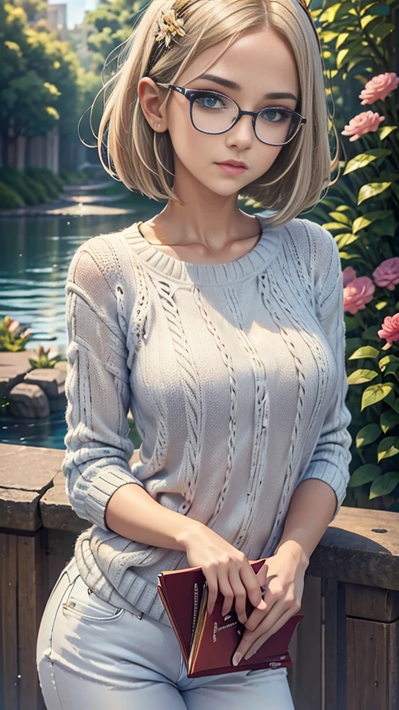 18 year old beautiful girl, masterpiece, best quality, 8K animation, detailed fingers, precise fingers, not unnatural hands, illustration, 1 girl, solo, blonde bob cut, gold crown, reading glasses, flower hair ornament, sagging eyes, white jeans, gray jumper, YUI