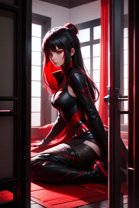 female assassin, living in a closed place. black, red, smooth surface, Color Combination 