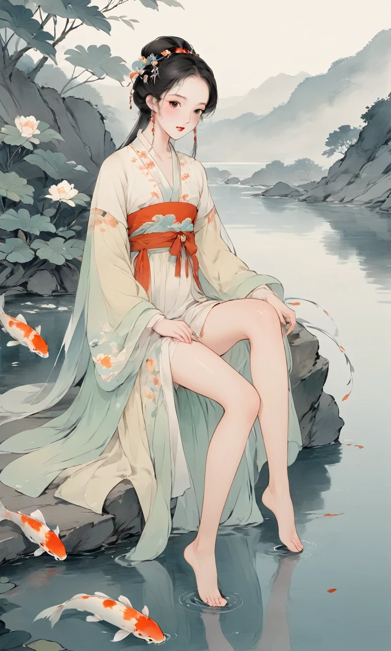 8K, masterpiece, best quality, 2D, (Traditional Chinese ink painting:0.2), (Perfect hands:1.4), Long legs，Wearing Hanfu，The 长袜 on the legs are exposed，River in the background，koyama，Koi