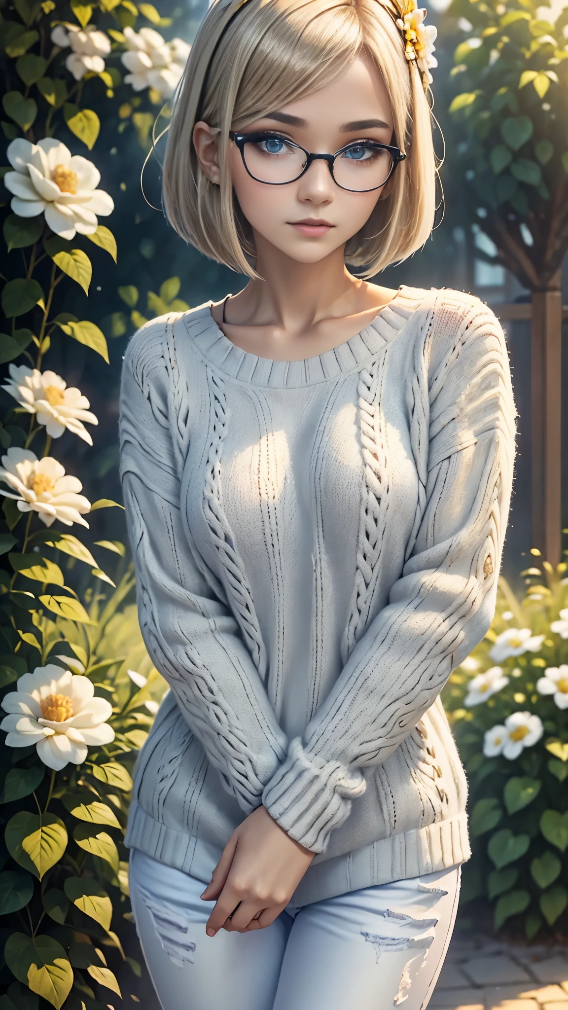 18 year old beautiful girl, masterpiece, best quality, 8K animation, detailed fingers, precise fingers, not unnatural hands, illustration, 1 girl, solo, blonde bob cut, gold crown, reading glasses, flower hair ornament, sagging eyes, white jeans, gray jumper, YUI