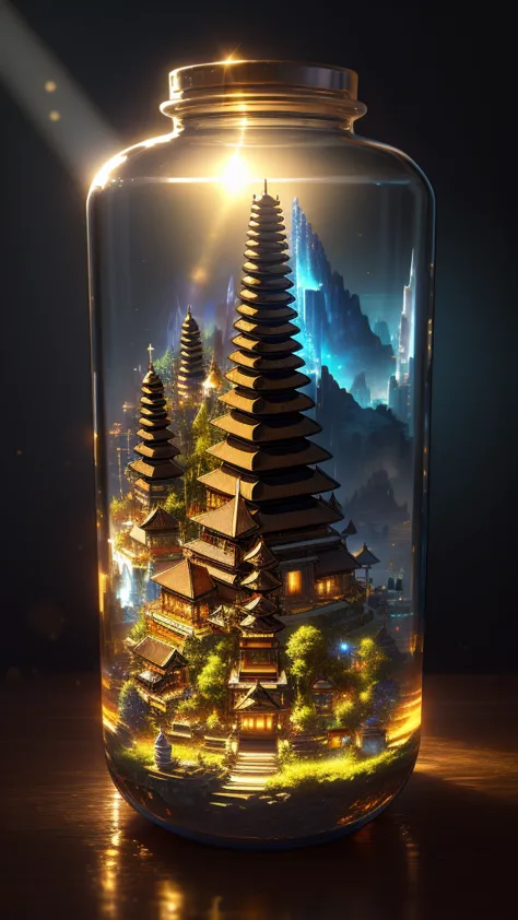 (a complex mini-town landscape in bali trapped inside a bottle), atmospheric oliva lighting, on the table, 4k hdd, dark atmosphe...