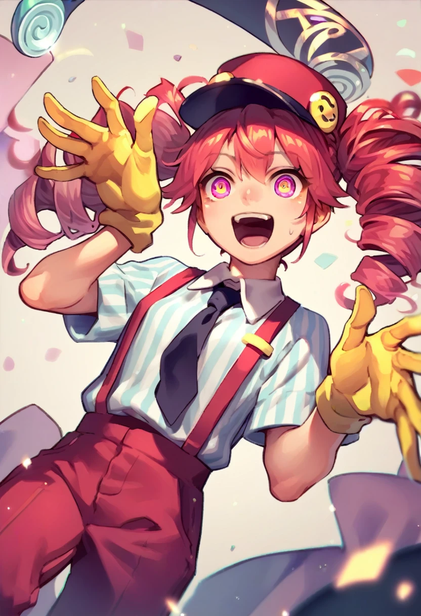 tetomesmerizer, kasane teto, striped shirt, yellow gloves, black necktie, suspenders, red pants, hat，woman，Anime Girl，Dance，Being hypnotized，calm