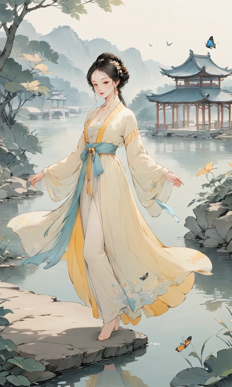 8K, masterpiece, best quality, 2D, (Traditional Chinese ink painting:0.2), (Perfect hands:1.4), Long legs，Dancing in Hanfu，The 长袜 on the legs are exposed，River in the background，Pavilions，Butterfly