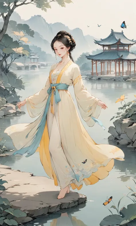 8K, masterpiece, best quality, 2D, (Traditional Chinese ink painting:0.2), (Perfect hands:1.4), Long legs，Dancing in Hanfu，The 长...