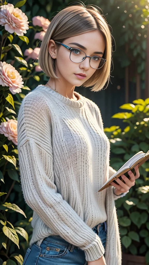 1 belle fille, chef-d&#39;œuvre, Meilleure qualité, Animations 8K, doigts détaillés, Des doigts précis, des mains pas anormales, illustration, 1 fille, seulement, Coupe Bob blonde, couronne en or, lunettes pour lire, ornement de cheveux de fleur, yeux affaissés, jean blanc, pull gris, Yui