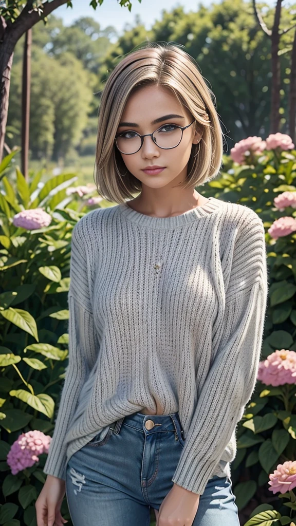 18 year old beautiful girl, masterpiece, best quality, 8K animation, detailed fingers, precise fingers, not unnatural hands, illustration, 1 girl, solo, blonde bob cut, gold crown, reading glasses, flower hair ornament, sagging eyes, white jeans, gray jumper, YUI