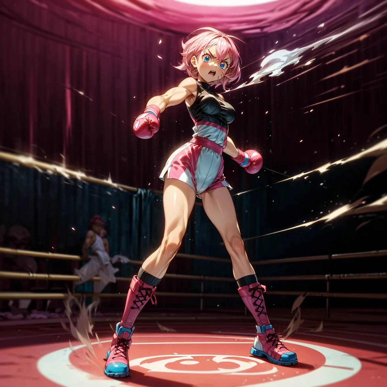 1girl, big muscle, Full body version, 1character, blue eyes, short haircut, pink color hair, boxing style outfit, Boots, Grassroots, full background in ring boxing, motion blur, light, (Hunter x Hunter style art), standing gesture, Boxing gloves, smoke effect, fire effect, angry, angry eyes, fire on background, high angle view 