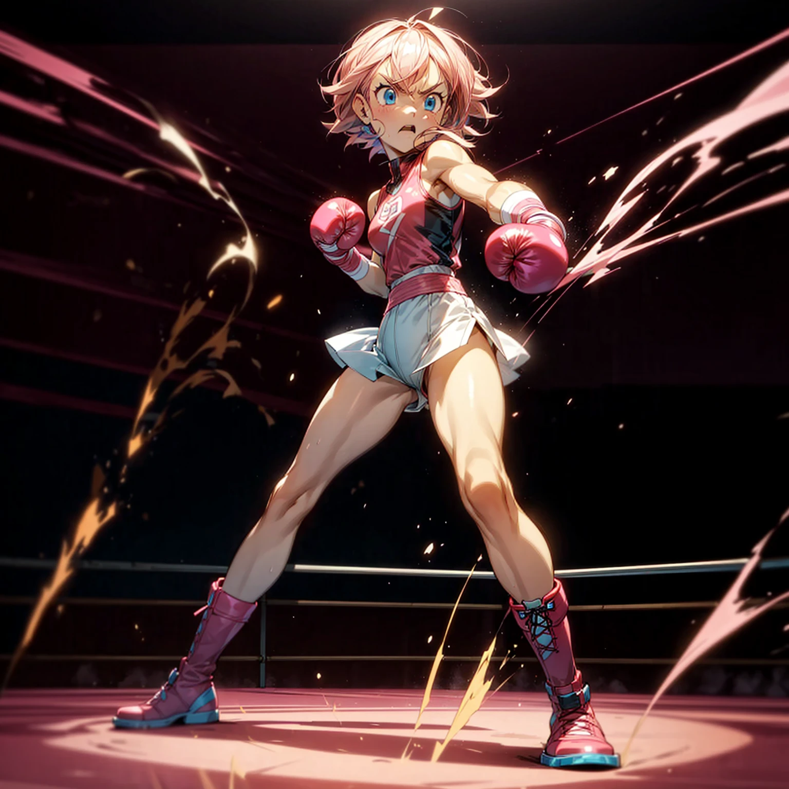 1girl, big muscle, Full body version, 1character, blue eyes, short haircut, pink color hair, boxing style outfit, Boots, Grassroots, full background in ring boxing, motion blur, light, (Hunter x Hunter style art), standing gesture, Boxing gloves, smoke effect, fire effect, angry, angry eyes, fire on background, high angle view 