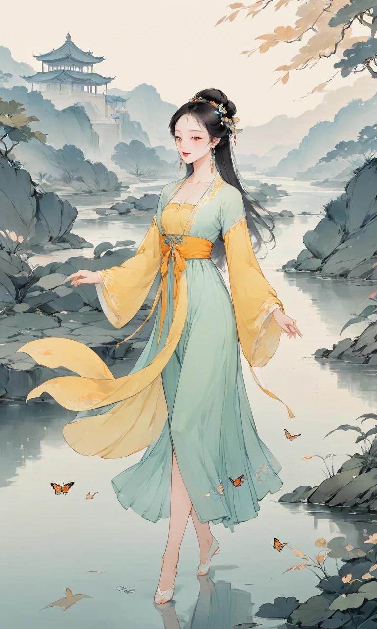 8K, masterpiece, best quality, 2D, (Traditional Chinese ink painting:0.2), (Perfect hands:1.4), Long legs，Dancing in Hanfu，漏出Long legs，River in the background，palace，Butterfly