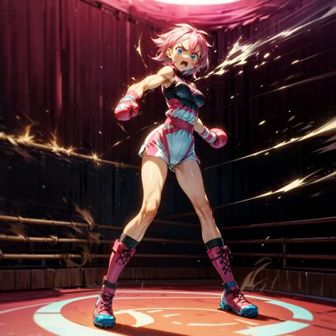 1girl, big muscle, full body version, 1character, blue eyes, short haircut, pink color hair, boxing style outfit, boots, grassro...