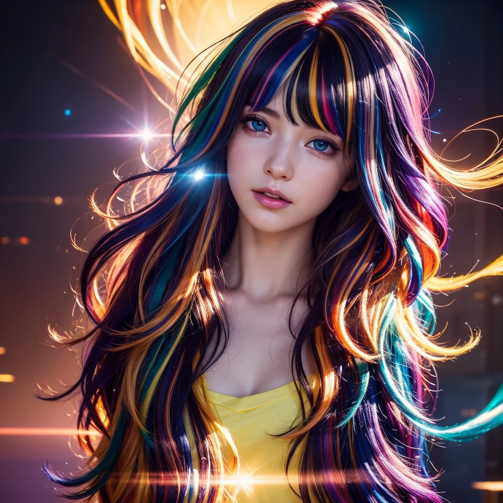 {{obra de arte}}, mais alta qualidade, Papel de parede CG Unity 8k altamente detalhado, iluminação cinematográfica, reflexo de lente, lindos olhos detalhados, preto, linha lateral, cabelo multicolorido, colorida light, partícula, heterochromia, (colorida:1.5), (colorida hair:1.5),
