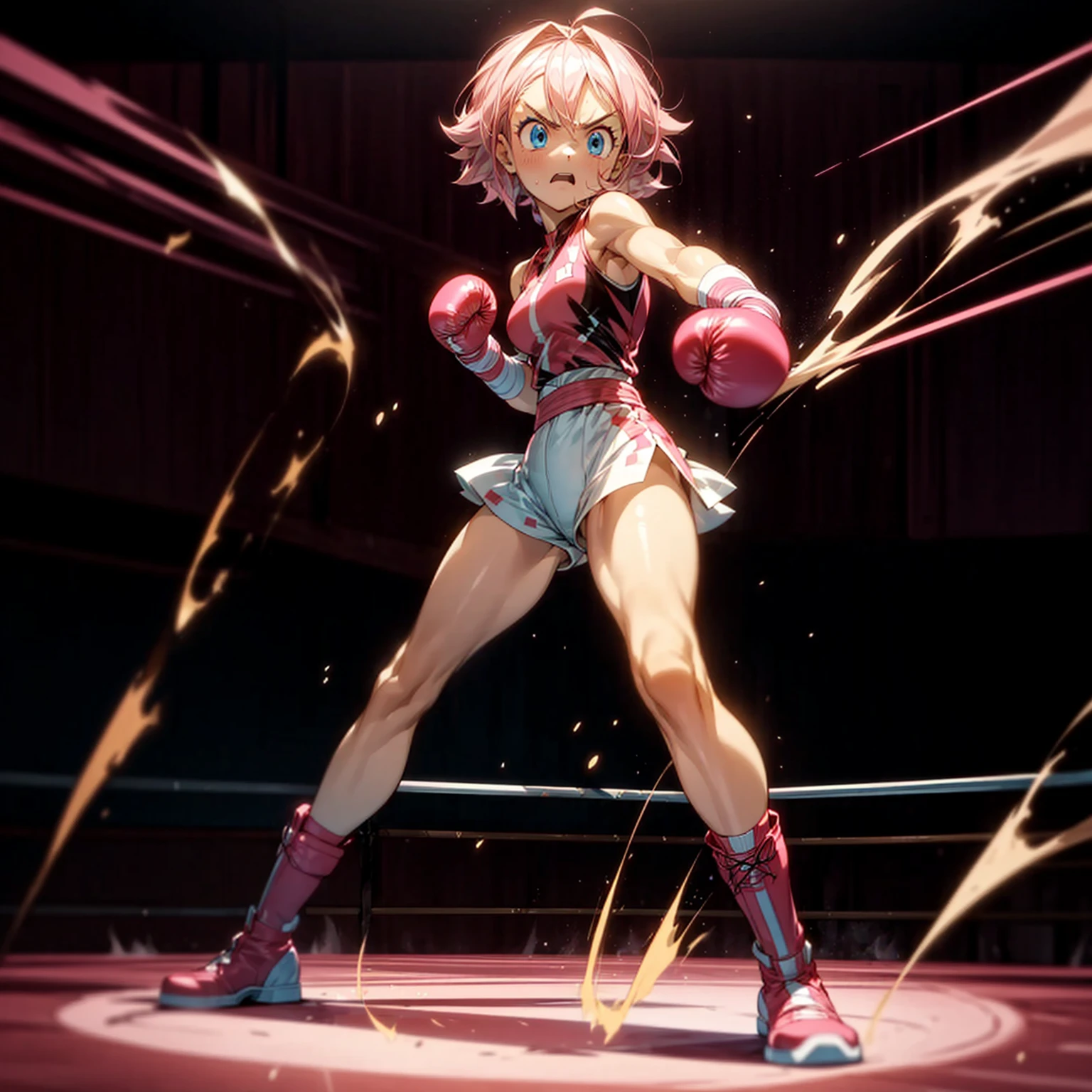 1girl, big muscle, Full body version, 1character, blue eyes, short haircut, pink color hair, boxing style outfit, Boots, Grassroots, full background in ring boxing, motion blur, light, (Hunter x Hunter style art), standing gesture, Boxing gloves, smoke effect, fire effect, angry, angry eyes, fire on background, high angle view 