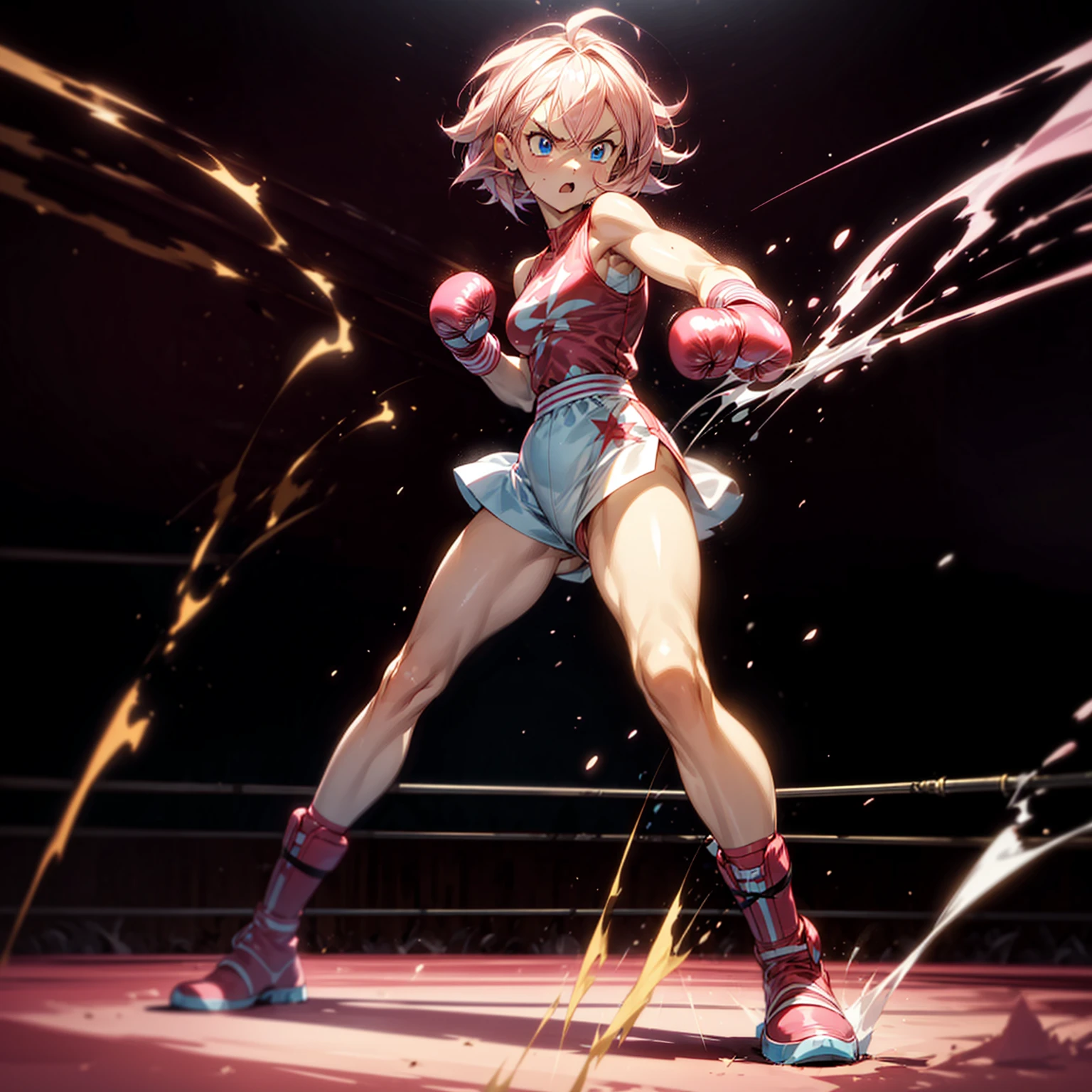 1girl, big muscle, Full body version, 1character, blue eyes, short haircut, pink color hair, boxing style outfit, Boots, Grassroots, full background in ring boxing, motion blur, light, (Hunter x Hunter style art), standing gesture, Boxing gloves, smoke effect, fire effect, angry, angry eyes, fire on background, high angle view 