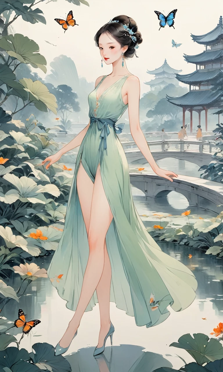 8K, masterpiece, best quality, 2D, (Traditional Chinese ink painting:0.2), (Perfect hands:1.4), Long legs，Dancing in a silky dress，漏出Long legs，The Imperial Gardens in the background，Butterfly